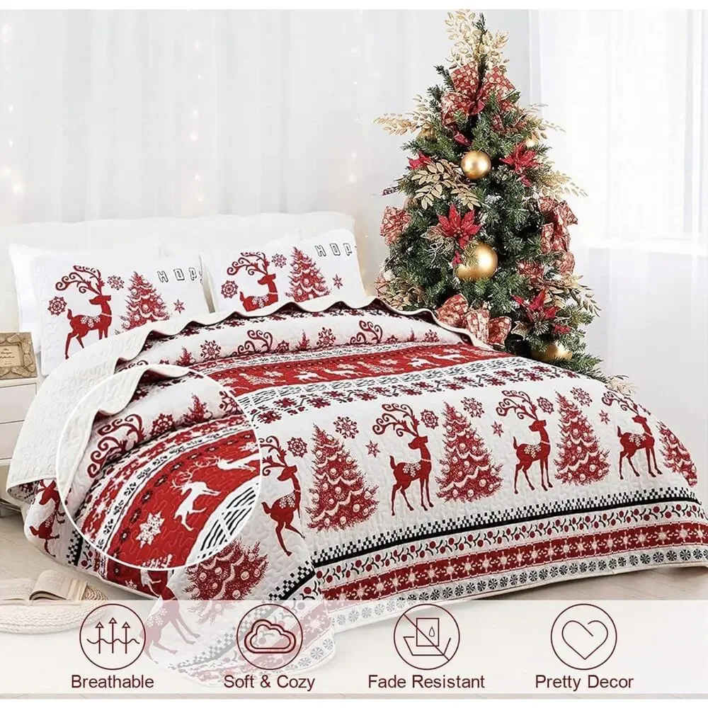 DJY Christmas Quilt Set Christmas Trees Reindeer Snowflake Pattern 3 Pc King